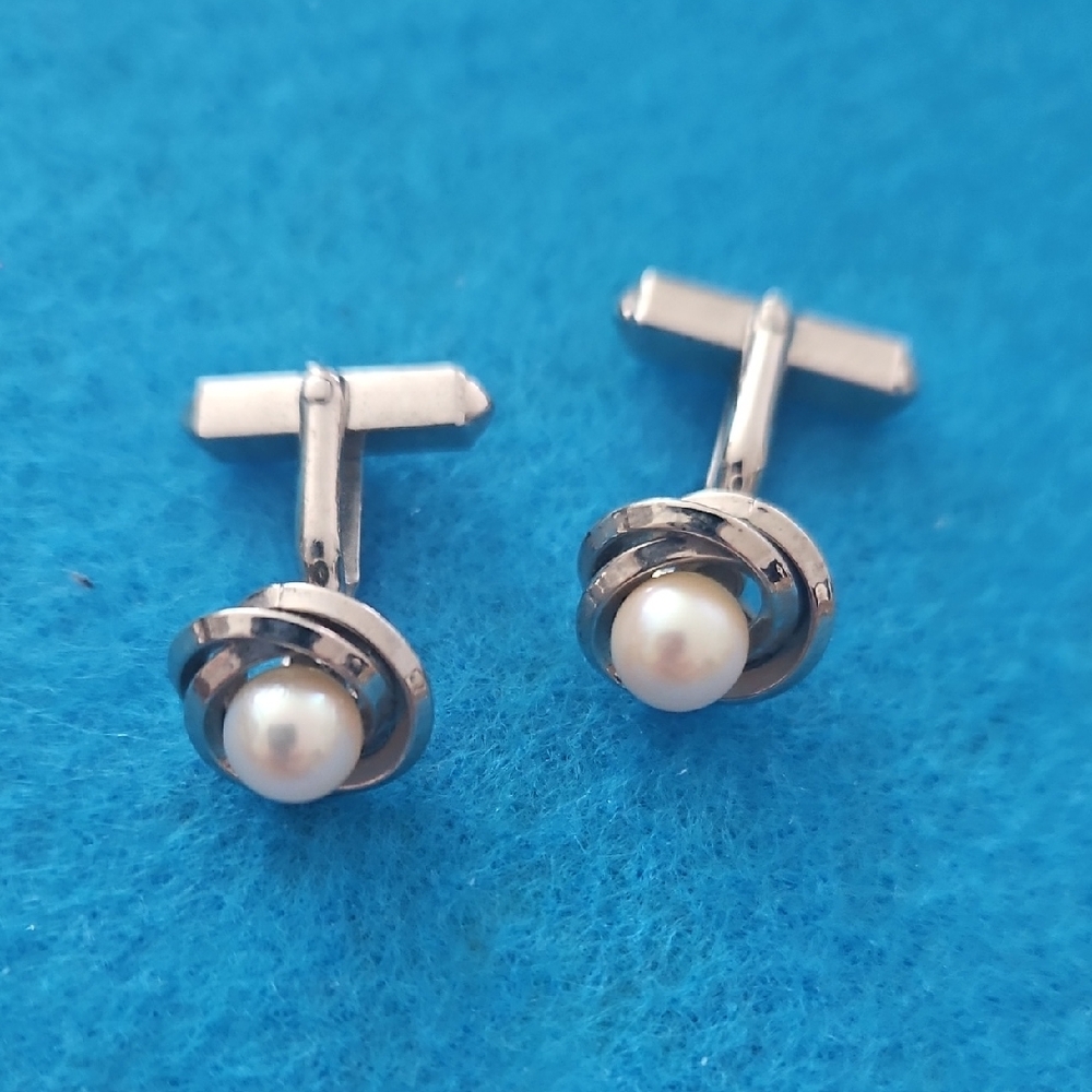 Vintage Silver And Pearl Cuff Links